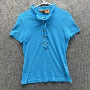 Tory Burch Shirt Womens Medium Blue Ruffle Button Crew Neck Short Sleeve Top